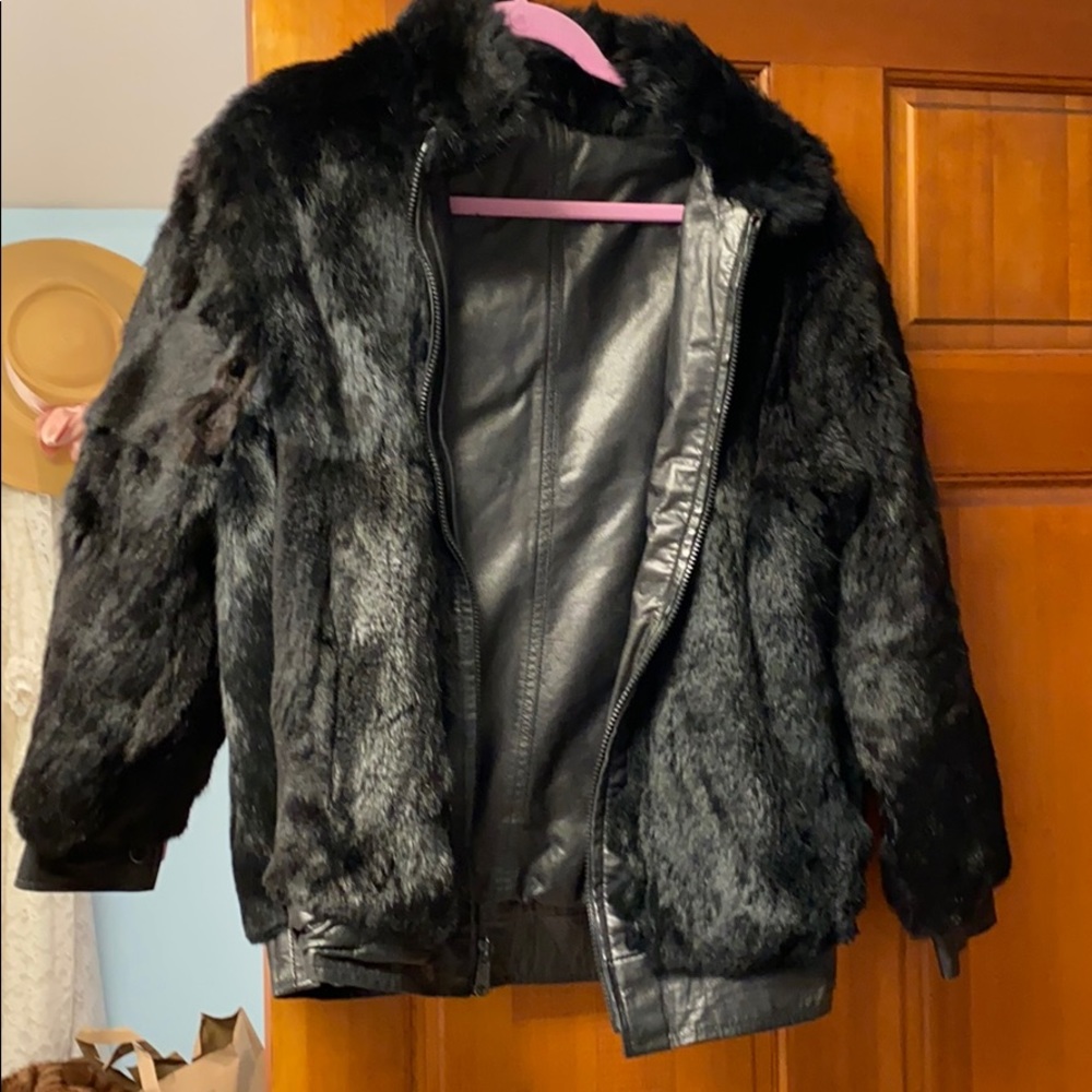 Black Leather Black Rabbit Fur Reversible Bomber L